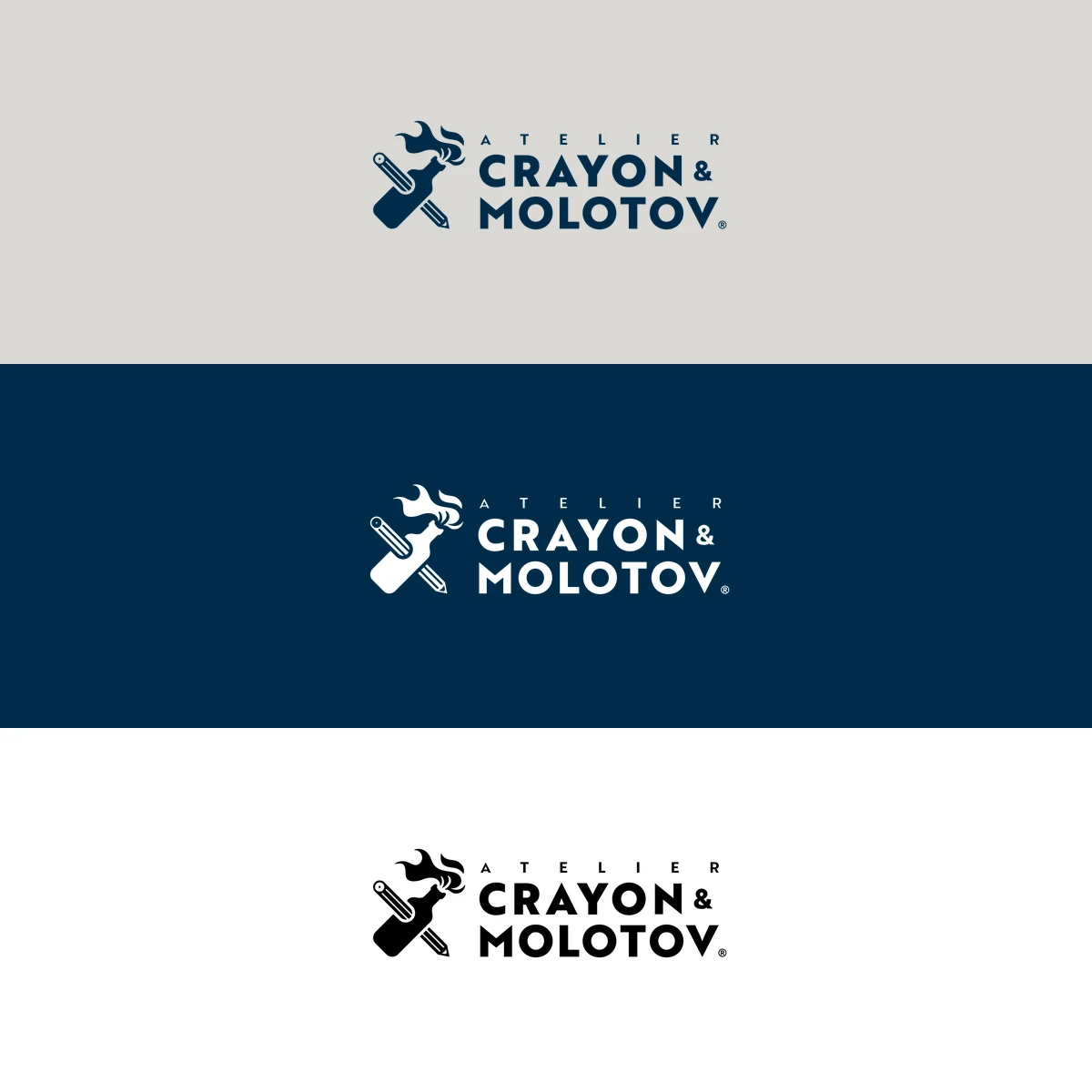 The horizontal lockup in its three colourways: blue on cream, white on marine, black on white