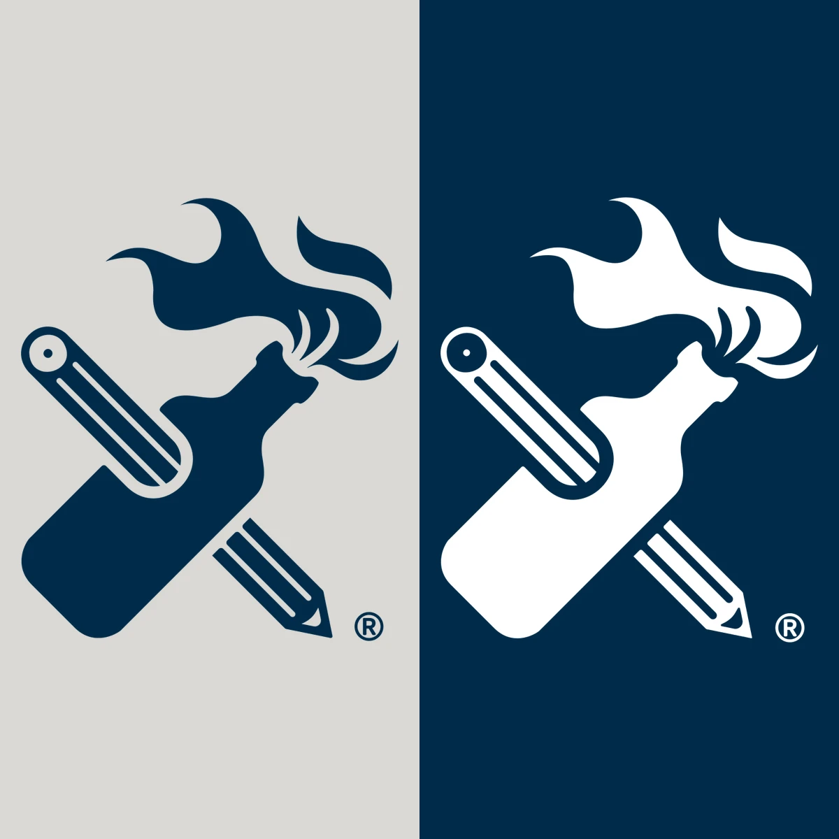 The same symbol side by side in both polarities: solid blue on cream, and the thinned version in white on marine
