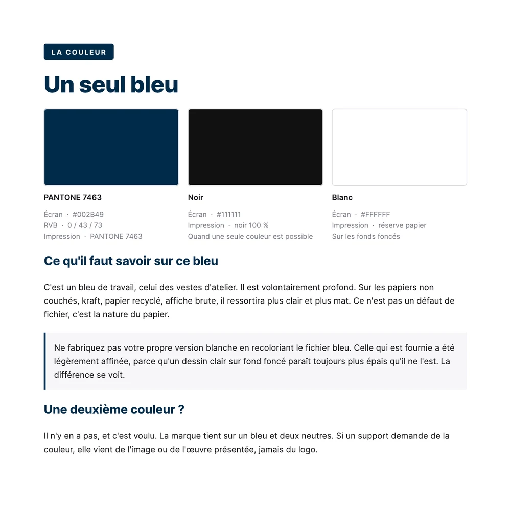 Guidelines page: one blue, PANTONE 7463, plus black and white as the only neutrals