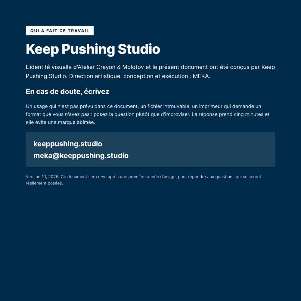 The closing page of the manual, crediting Keep Pushing Studio and giving one address to write to when a case is not covered