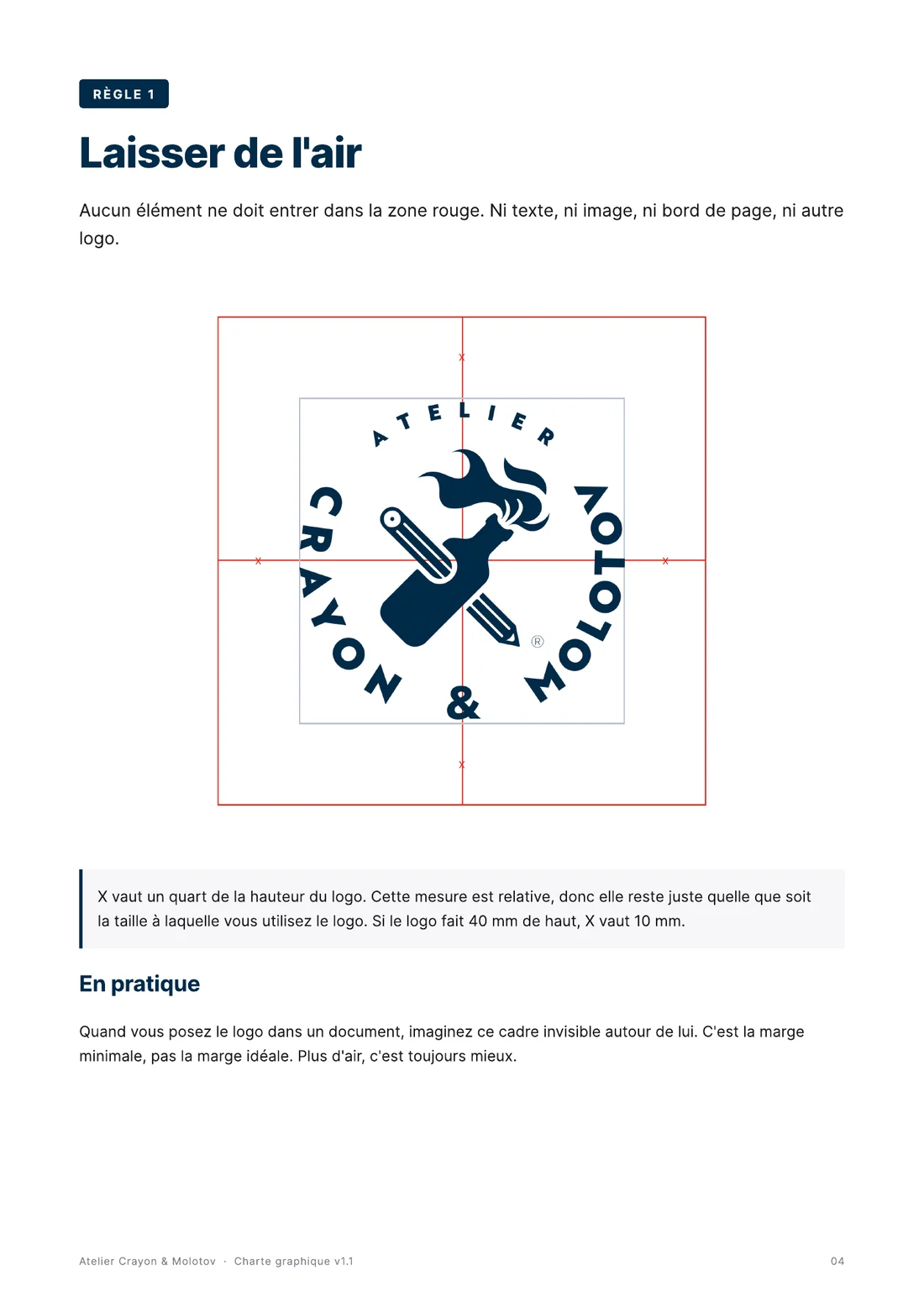 Guidelines page: the clear space rule, built as a fraction of the logo height rather than a fixed measure