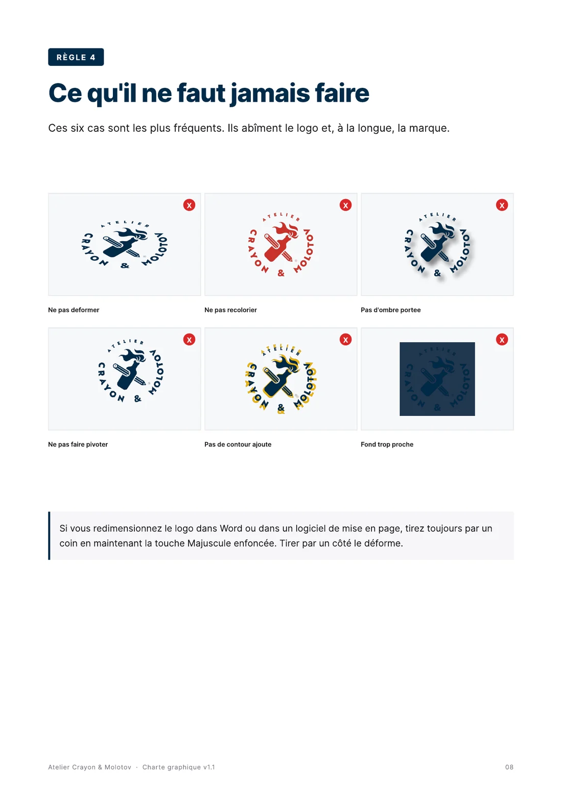 Guidelines page: the six things never to do to the mark, each one crossed out in red
