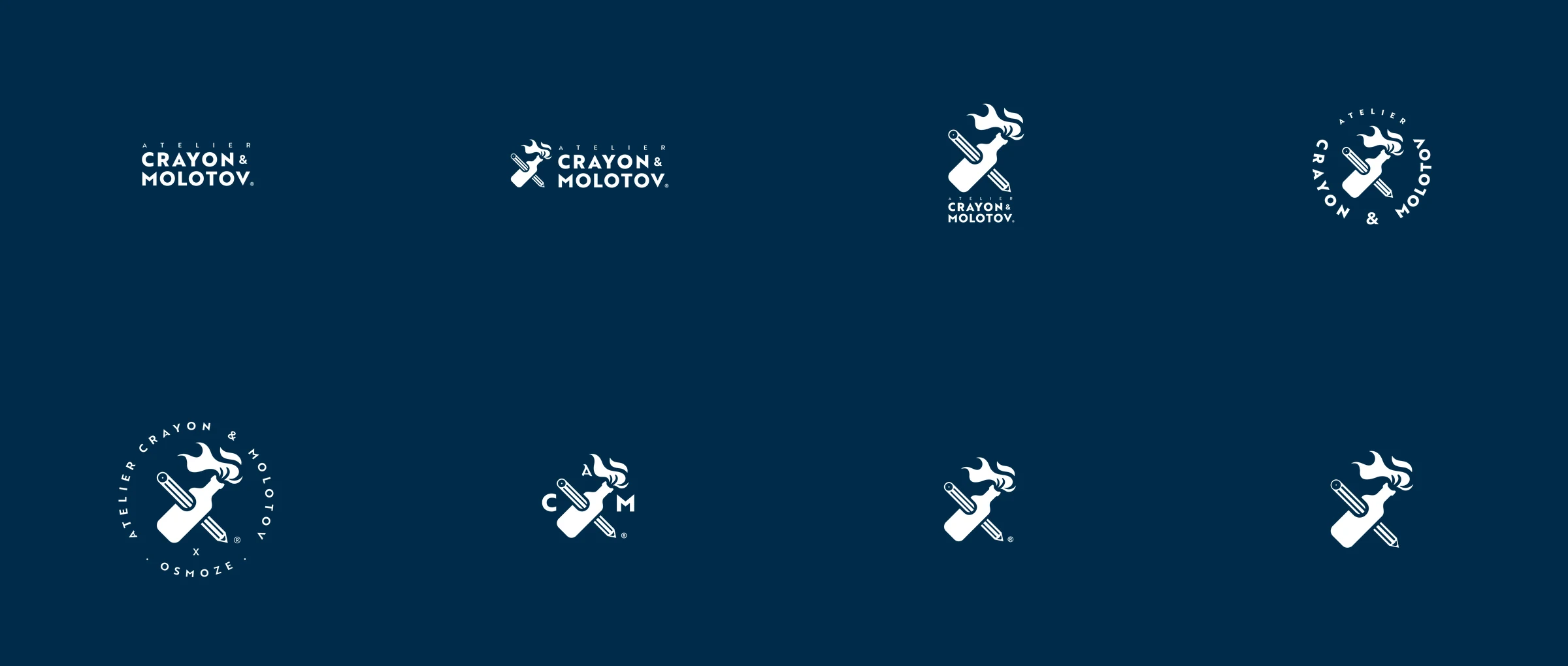 The eight forms of the identity in cream on marine: logotype, horizontal and vertical lockups, badge, collaboration badge, monogram, symbol and small symbol