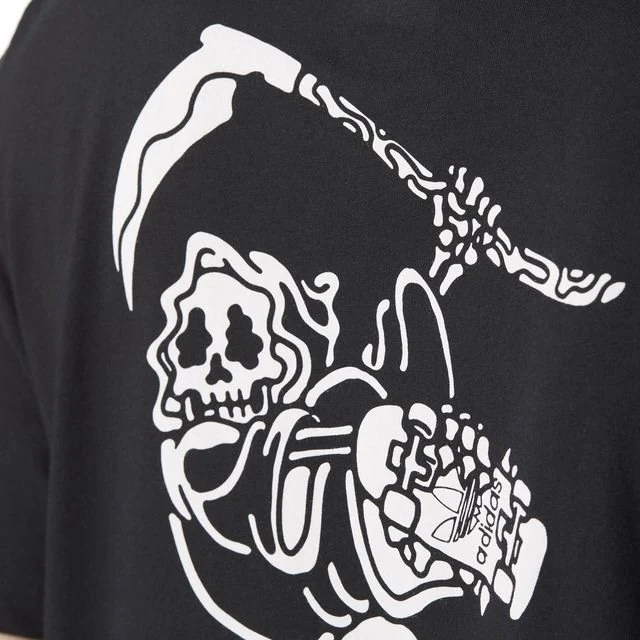 Black tee — Ride in Peace reaper, adidas trefoil in the skeleton hand