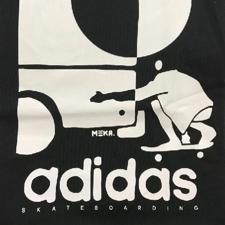Black tee back — adidas skateboarding drawn by hand, trefoil skater below