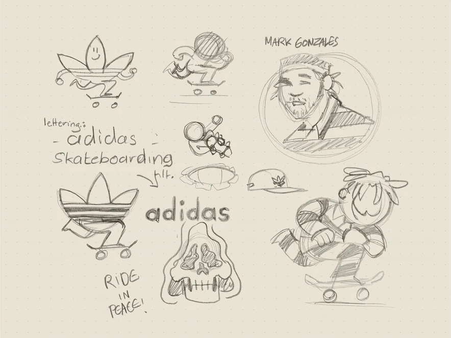 Pencil sketch sheet — trefoil skater, Mark Gonzales portrait, Ride in Peace skull, adidas hand lettering and the prisoner-uniform character riding a board