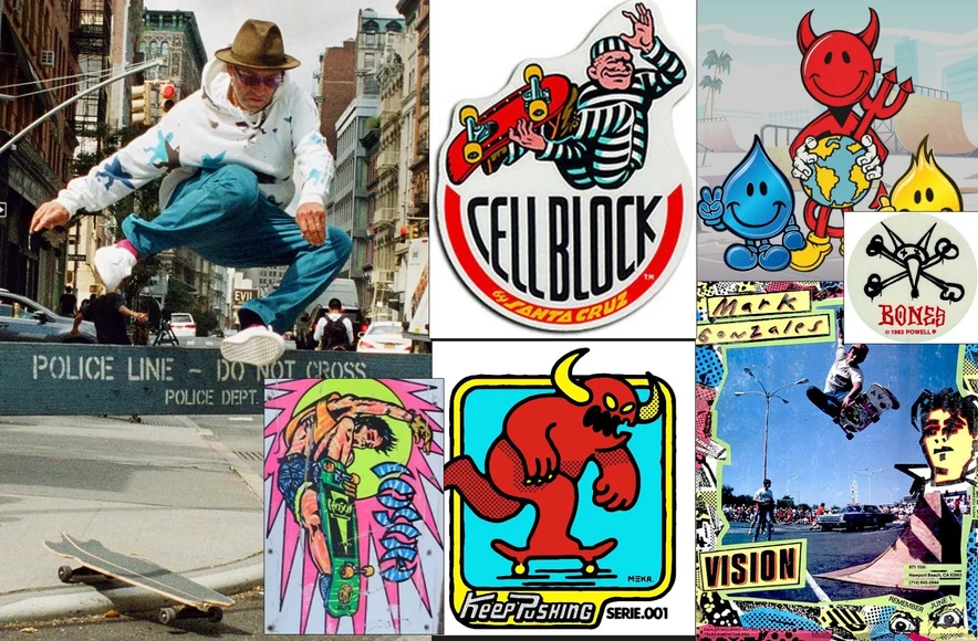 90s skate moodboard — Santa Cruz Cellblock, Bones, Mark Gonzales, Vision, Keep Pushing série 001, street skating: the DIY analog references behind the adidas capsule