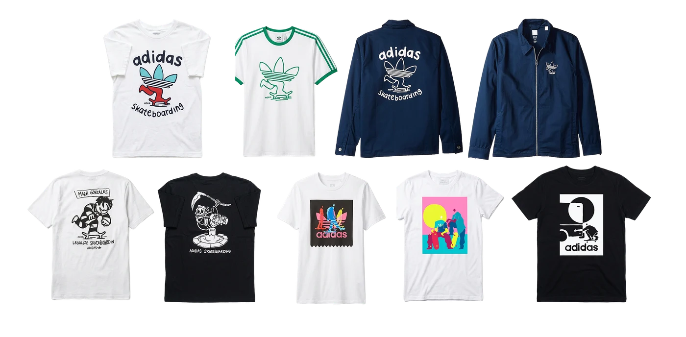 Complete adidas Skateboarding capsule flat lay on white — nine pieces at equal scale: trefoil-skater tees, green ringer, Mark Gonzales tee, Ride in Peace reaper tee, CMYK sasquatch tee, navy long sleeve and navy coach jacket
