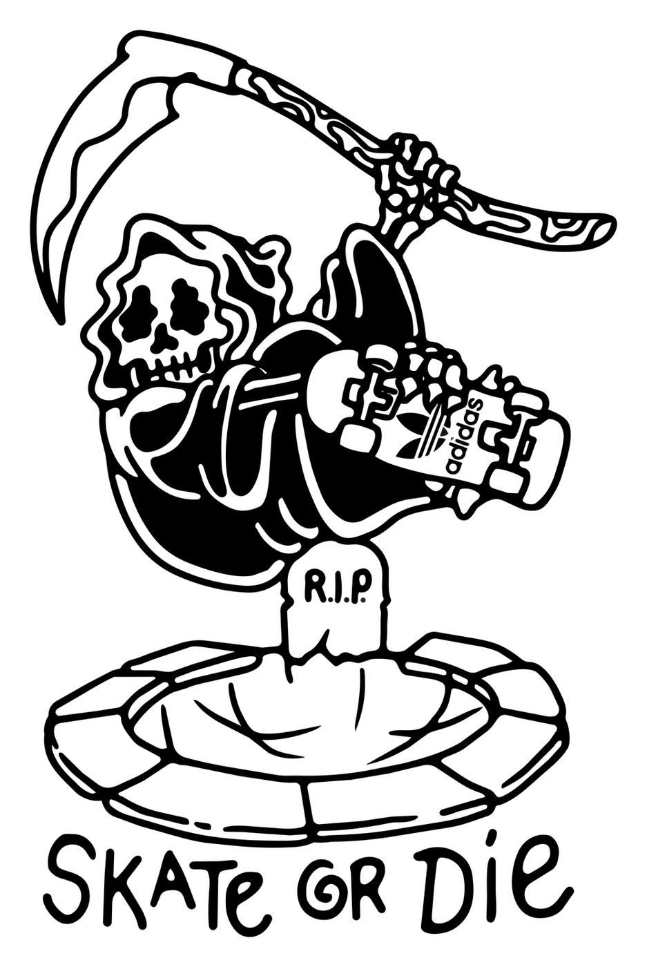Ride in Peace — the Skate or Die reaper redrawn as a Keep Pushing character, adidas board in hand