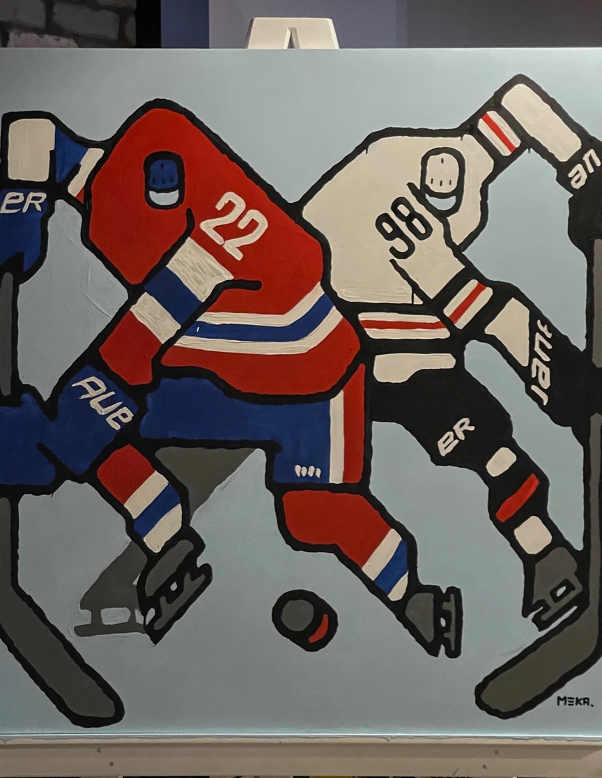 Finished live piece — two players colliding for the puck