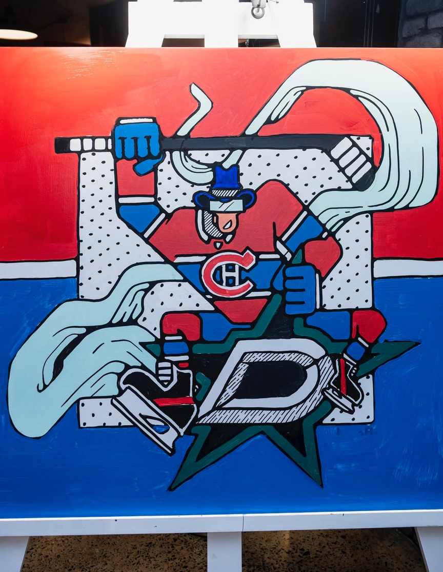 Live canvas painted for the Dallas matchup, goalie sprawled across the crease