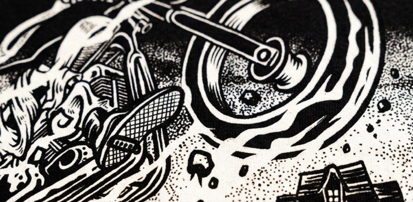 Idlehand screen print in black and white — reaper on a chopper riding past the BKLS headstone