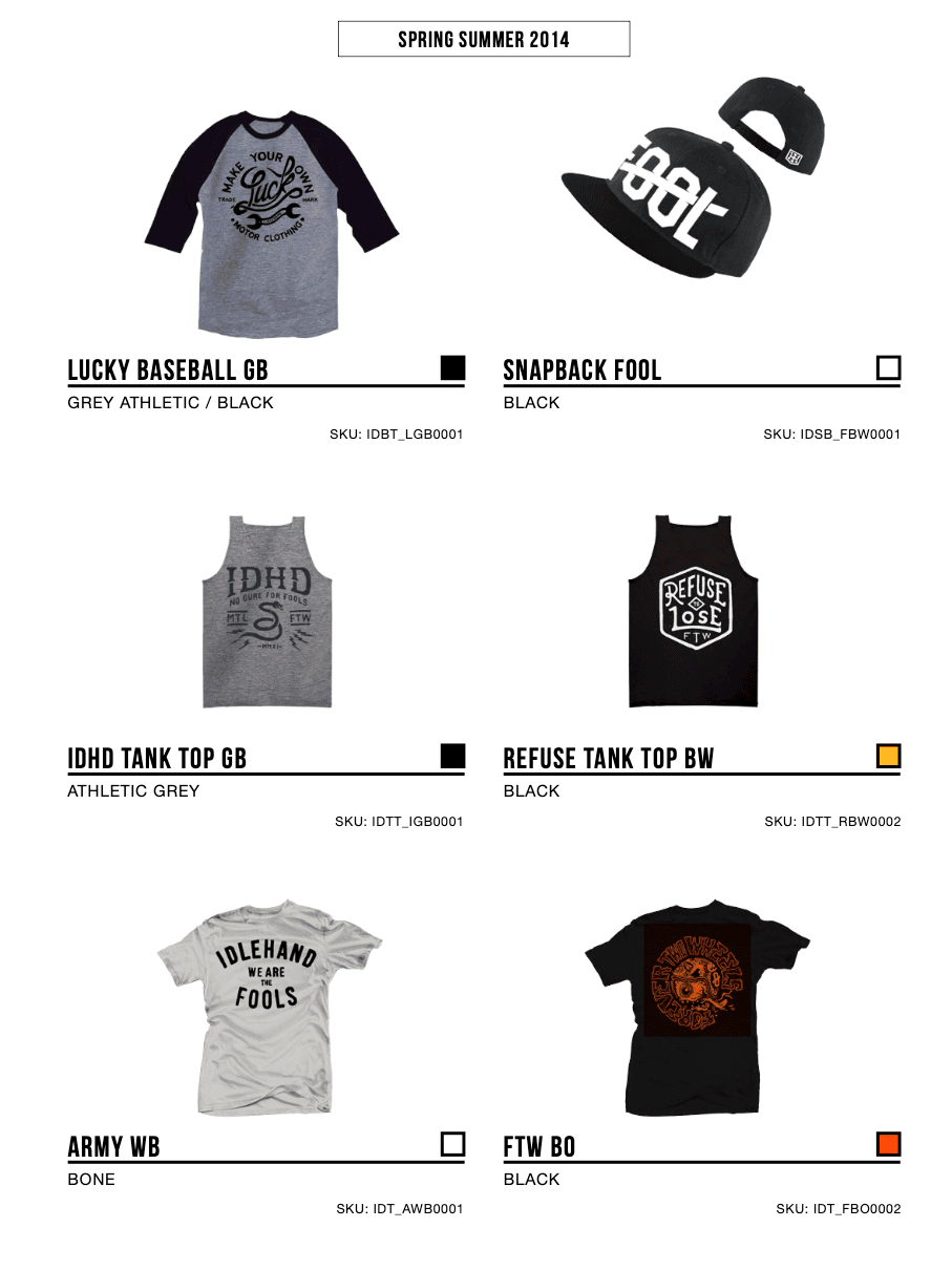 Spring Summer 2014 line sheet — tees, tanks and headwear with SKUs