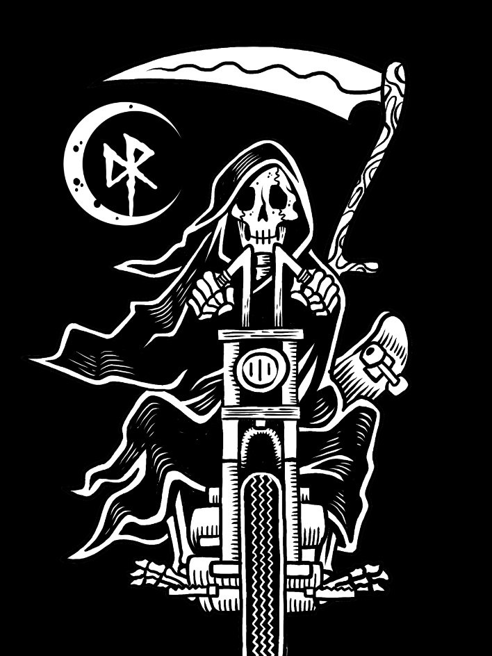 Reaper riding a chopper — white on black artwork