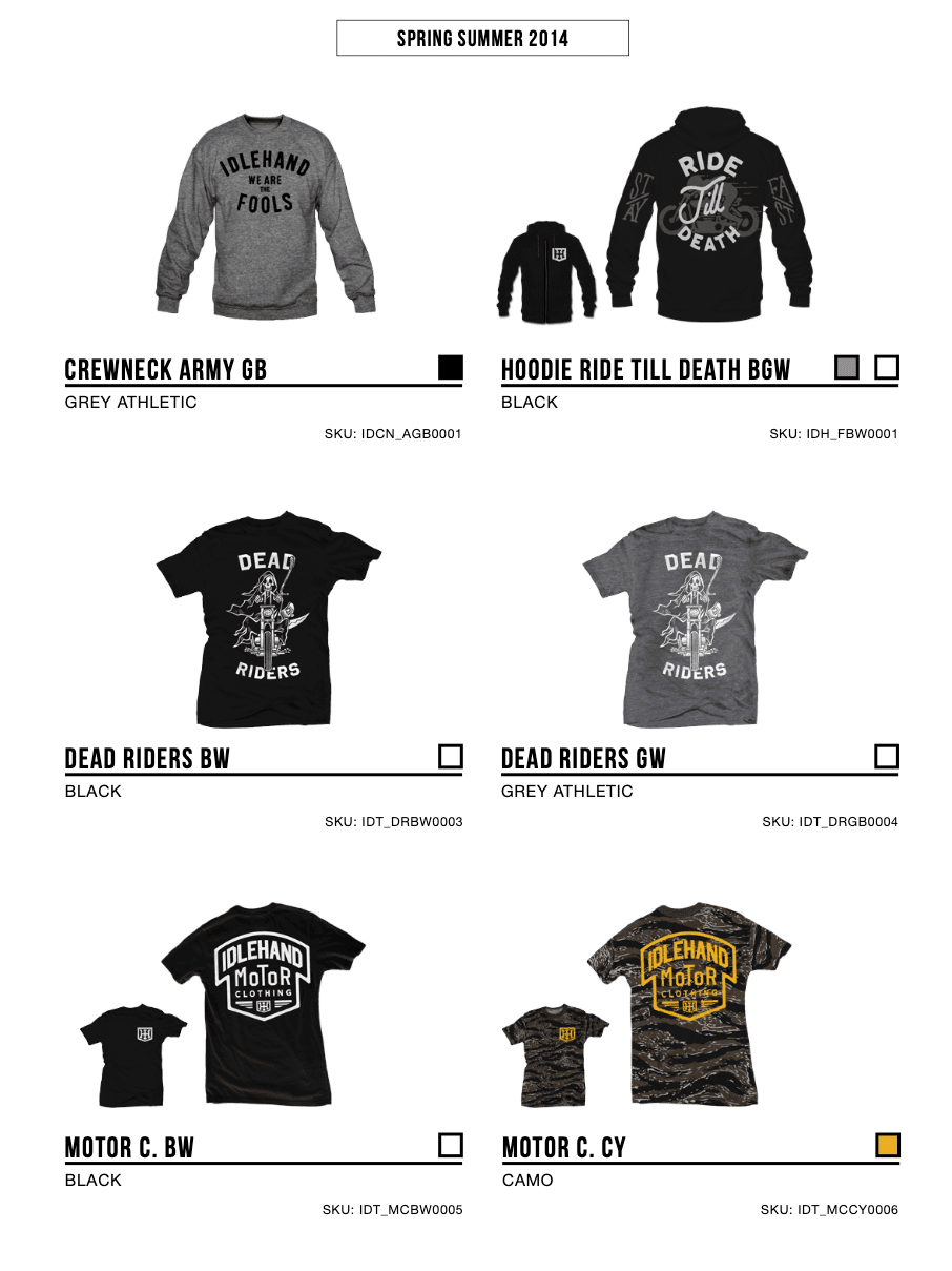 Spring Summer 2014 line sheet, second page — crewnecks, hoodies and Dead Riders