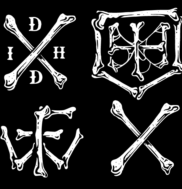 Idlehand mark set — crossed bones, crest and monogram, white on black
