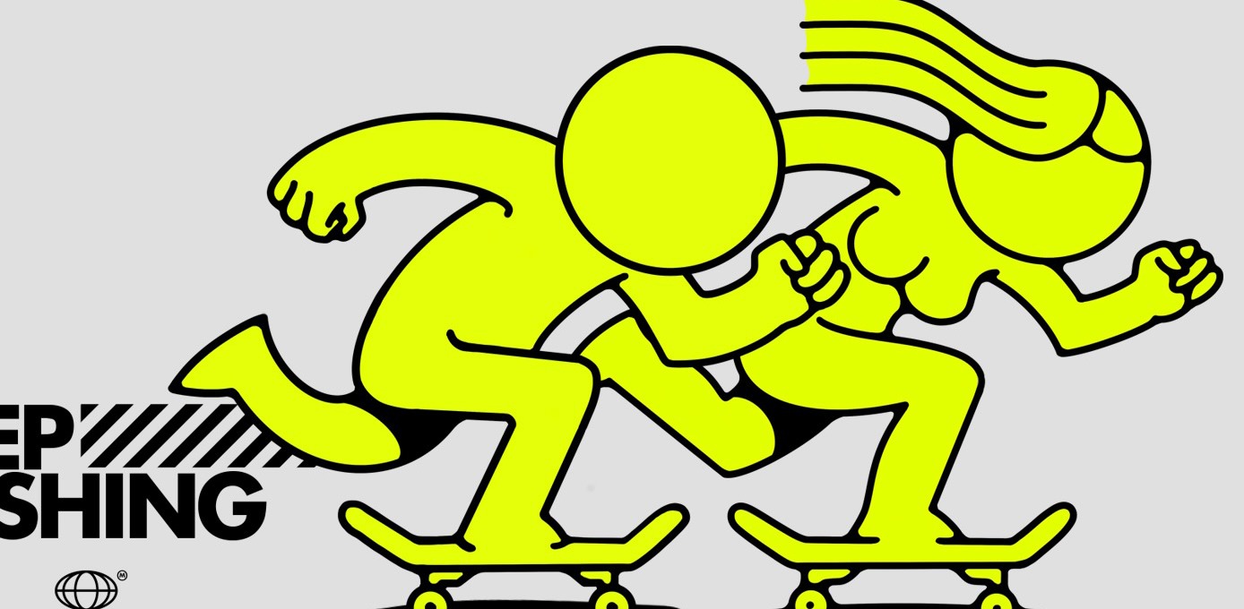 The Keep Pushing character pushing on a board, yellow on bone