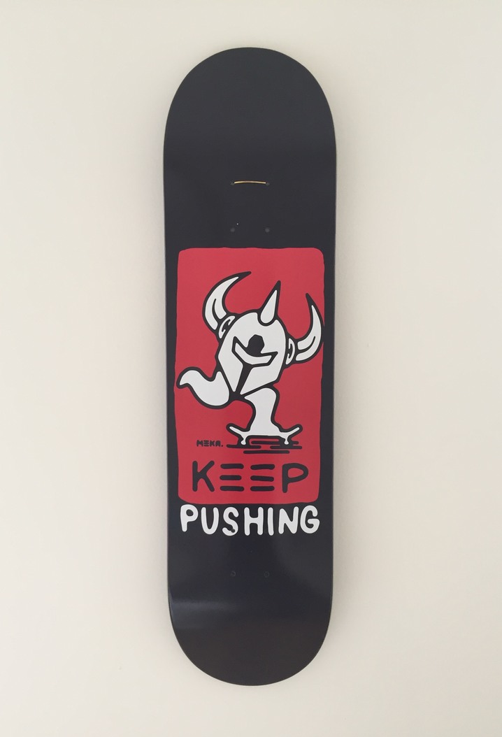 Keep Pushing deck — red panel graphic on black