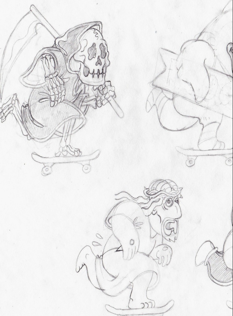 Pencil roughs — skater characters searched out on paper