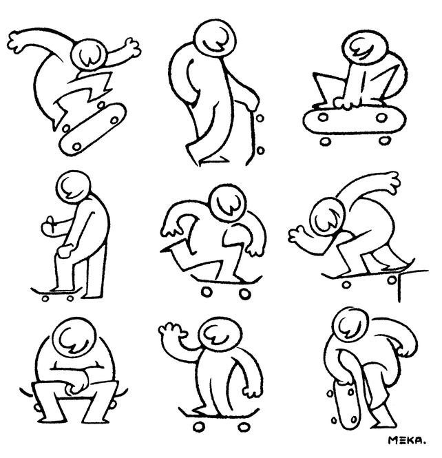 Model sheet — nine poses of the character in clean line