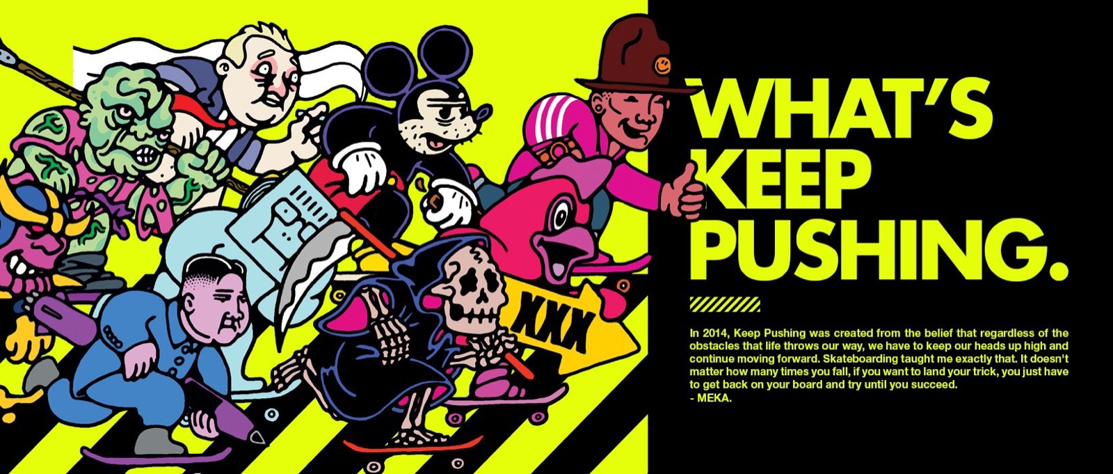 What's Keep Pushing — the manifesto panel and the full cast of characters