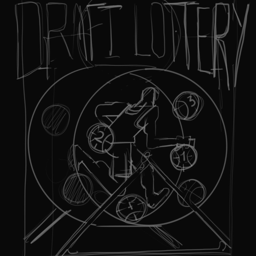 Draft Lottery — lineart pass, the wheel composition drawn out