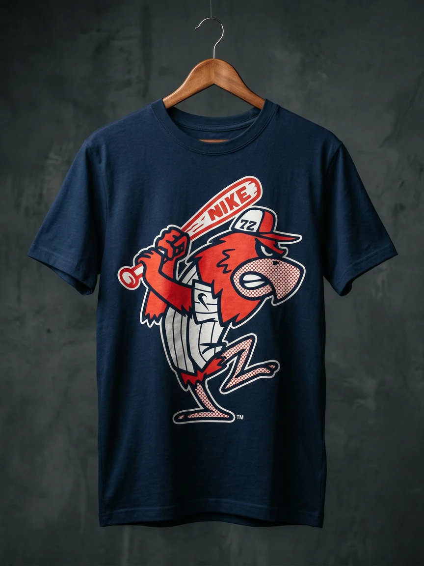 Navy tee on the hanger — the batter character in red