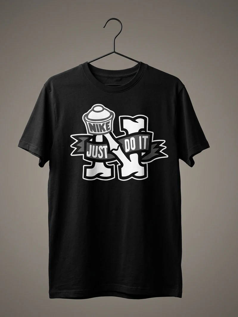 Black tee on the hanger — Just Do It flipped on a banner