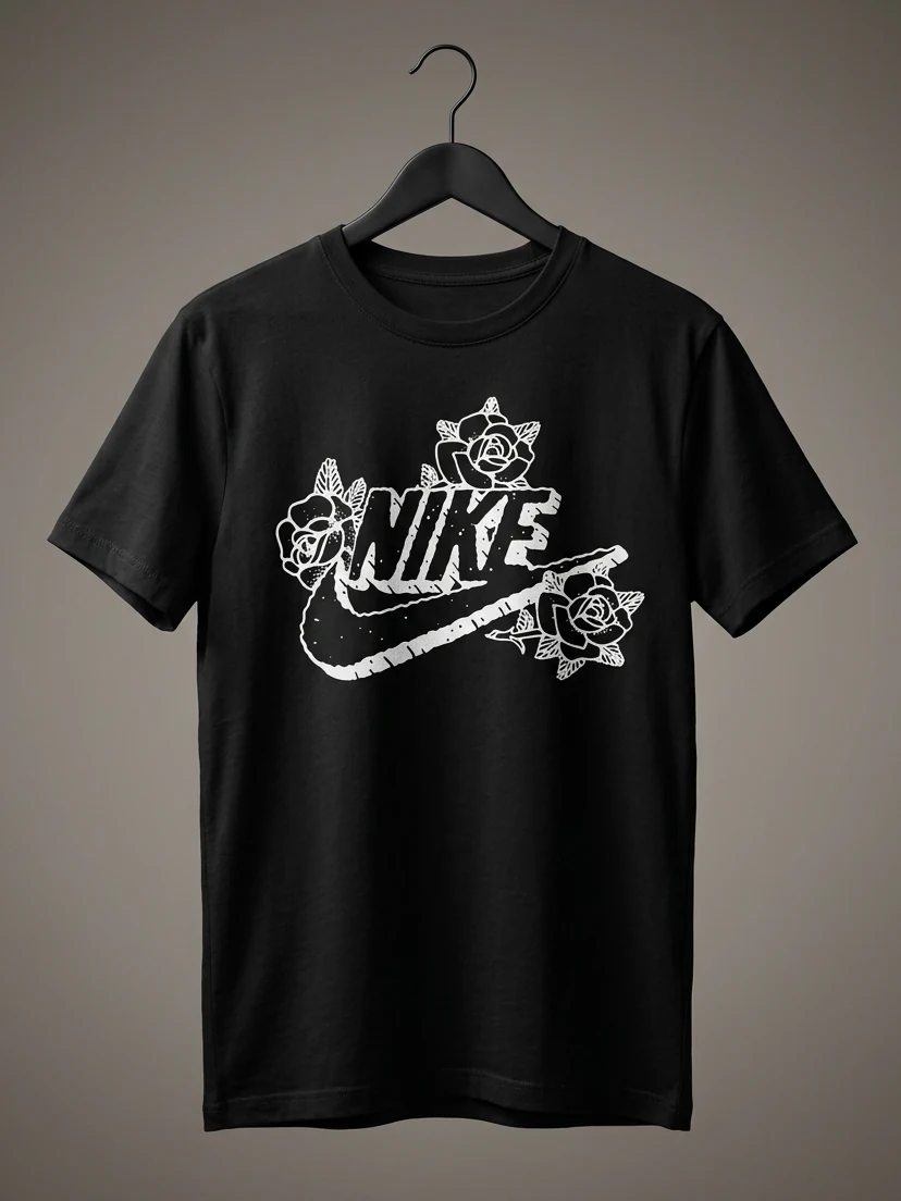 Black tee on the hanger — Swoosh and roses
