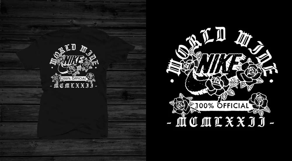 World Wide — Nike 100% Official MCMLXXII, snake and roses