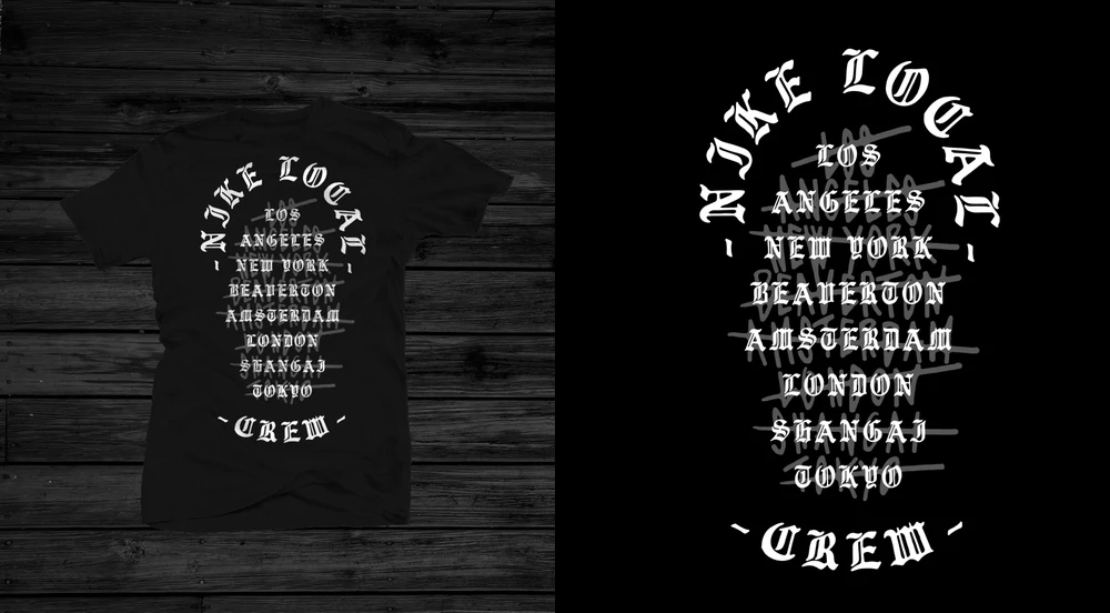 Nike Local Crew — full circle layout, gothic lettering drawn by hand