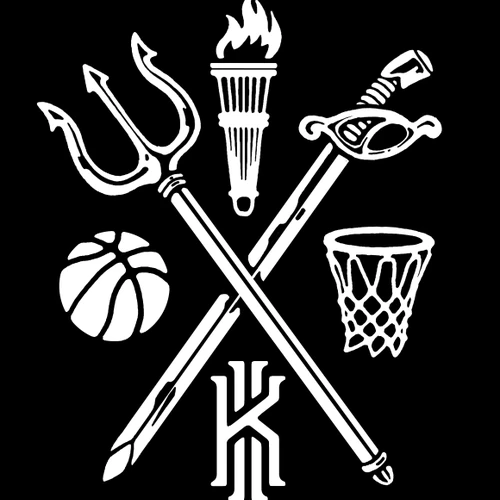 Basketball crest — trident, torch, rim and the Irving monogram