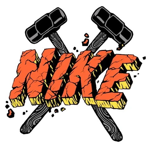 NIKE in orange block letters split by crossed sledgehammers