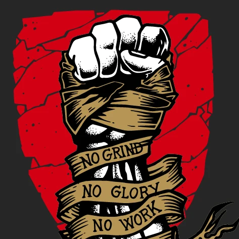Raised fist wrapped in tape — No grind, no glory, no work, no story