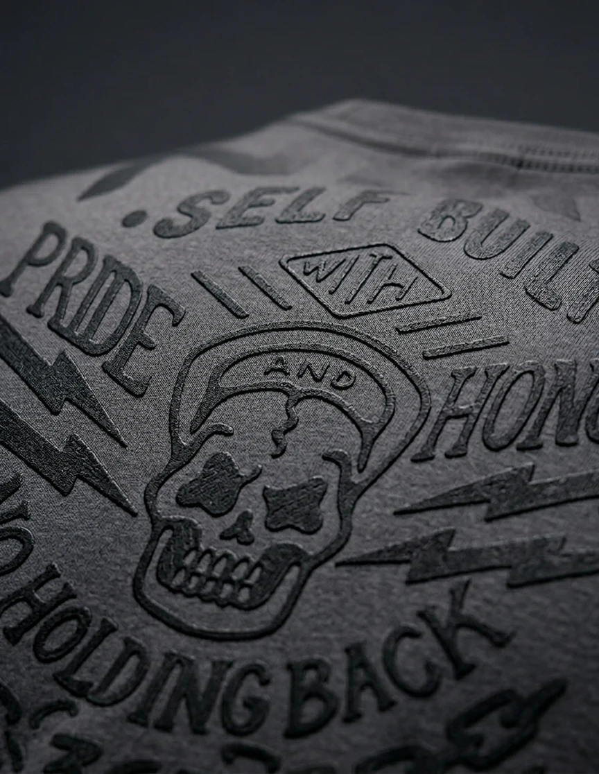 Self Built print embossed into the fabric, raking light
