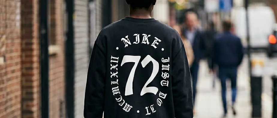 The 72 crewneck worn down the street, print across the back