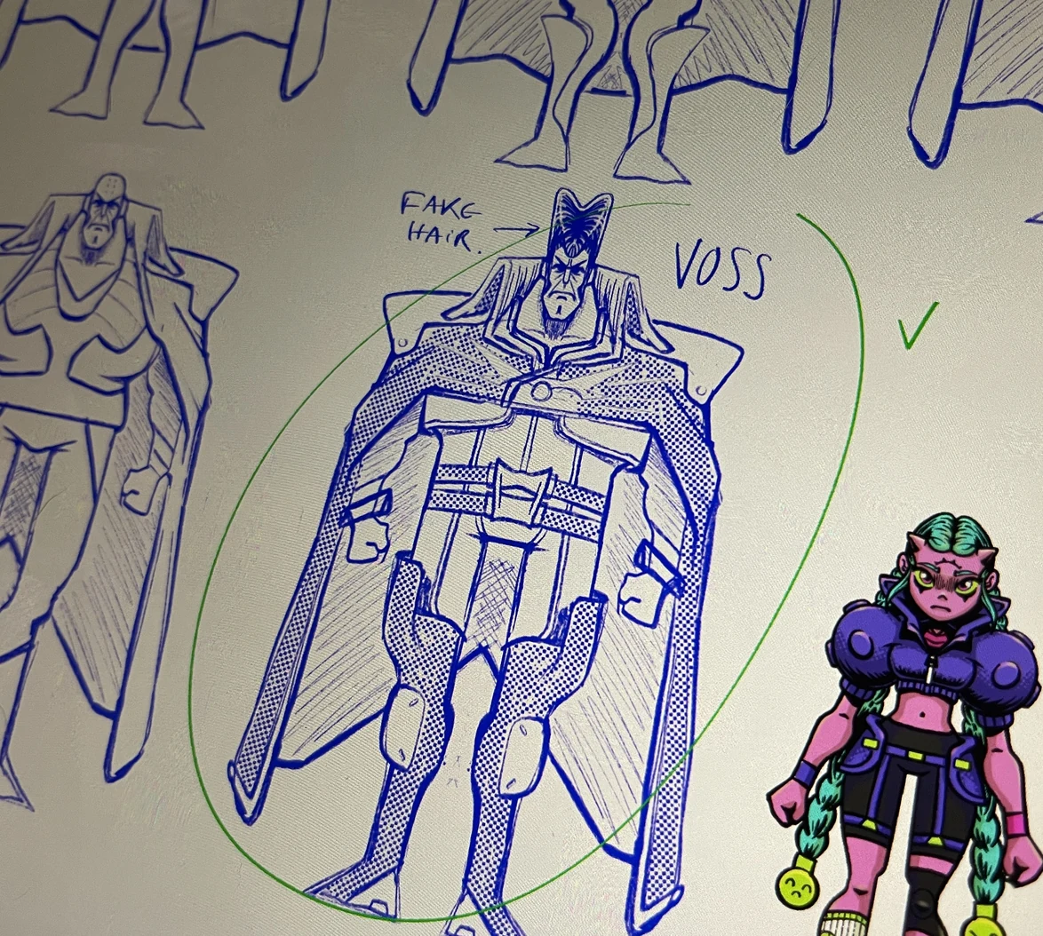 Voss design study in blue ballpoint, cape open