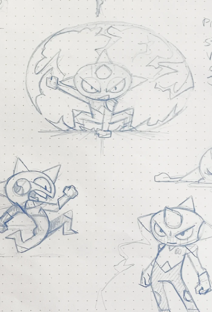 Dotted notebook page — early cat character searches