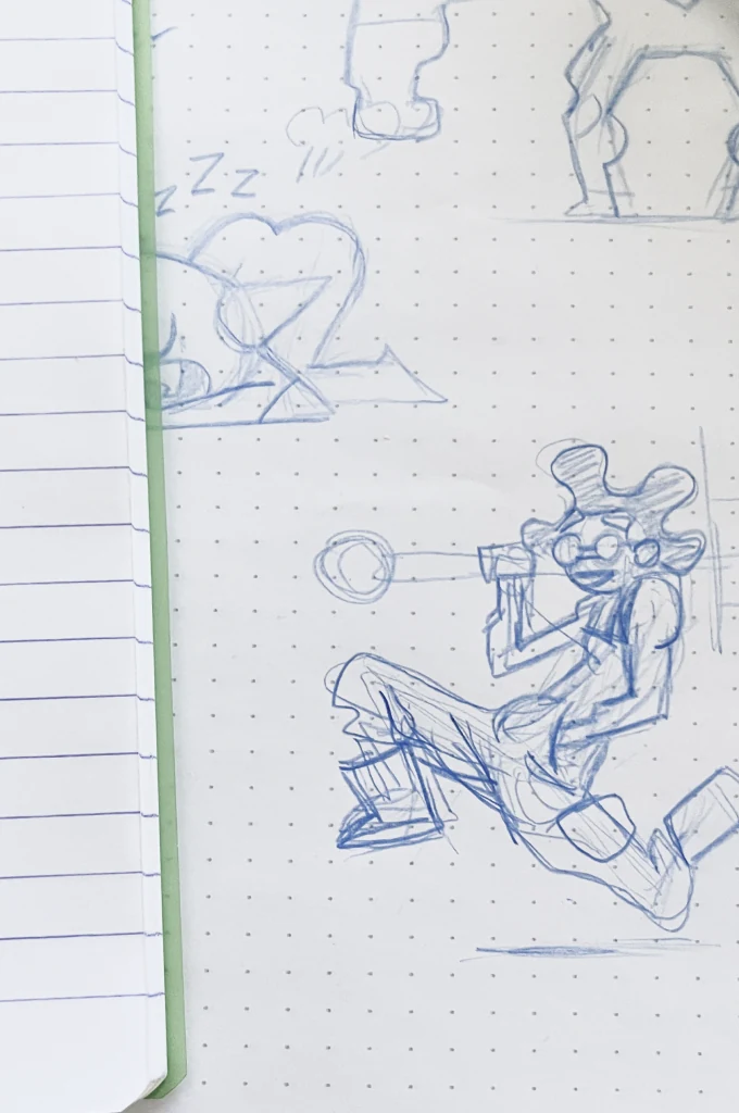 Lined notebook page — poses roughed in pen