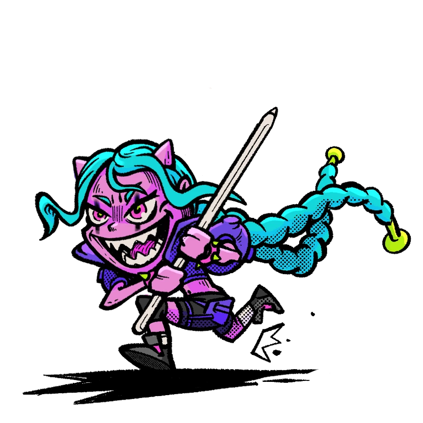 The character mid-swing, braid whipping behind her