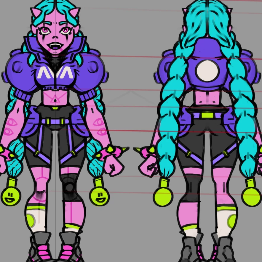 Character turnaround in colour, front and back, on the model grid