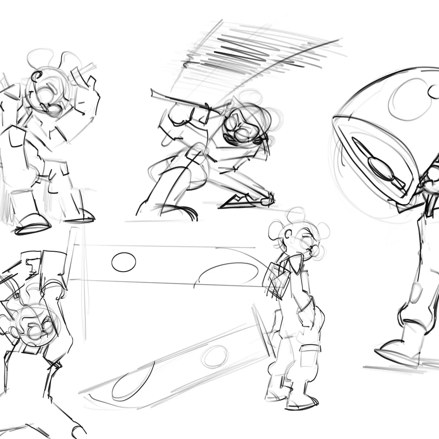 Rough panel studies — staging and poses in pencil