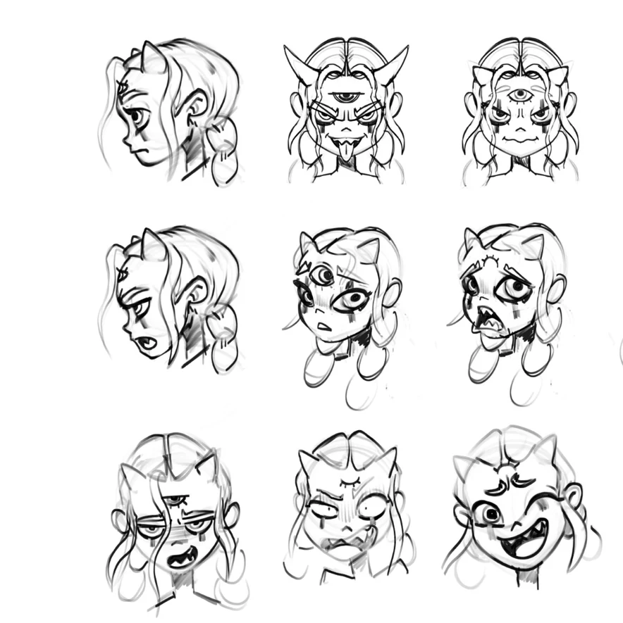 Expression sheet — nine heads pencilled