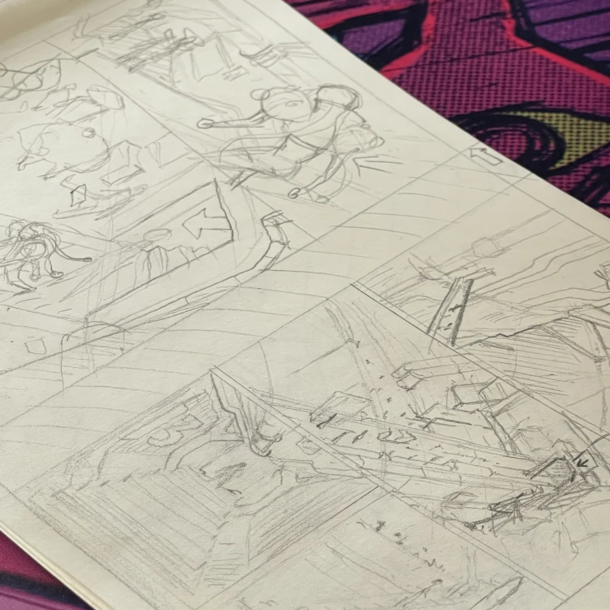 Chapter pages roughed out in the sketchbook