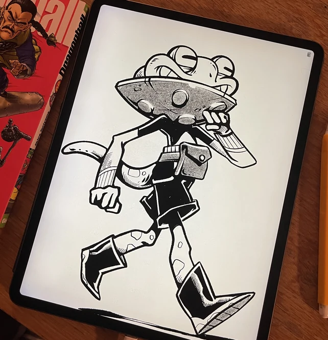 Inked character in motion on the tablet