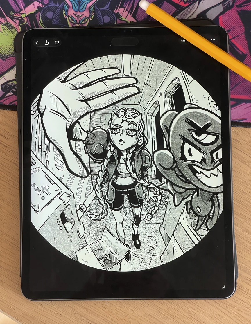 A page inked on the tablet at the desk