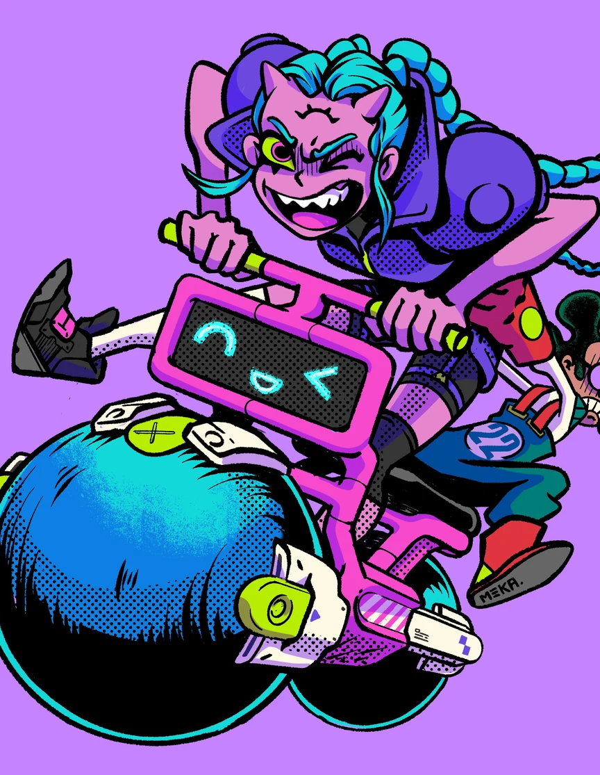 Finished character illustration in full colour on violet