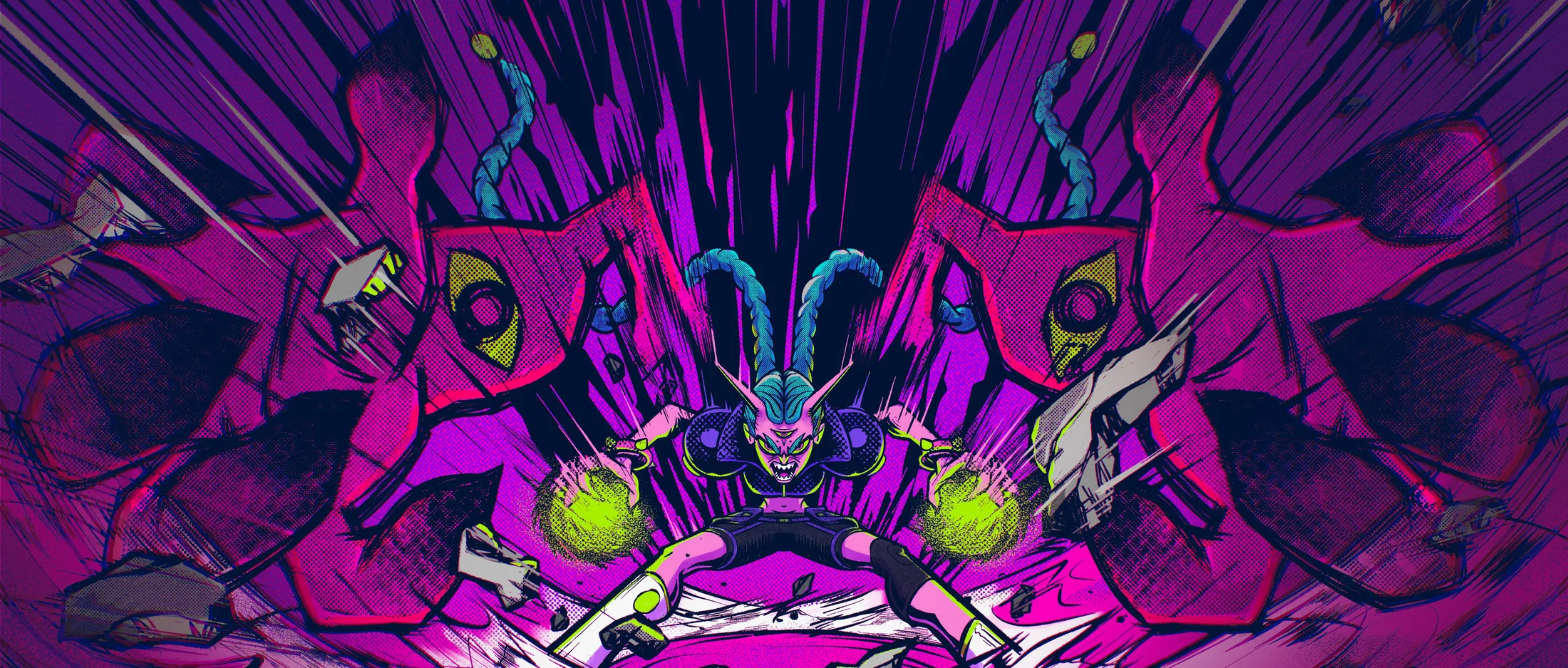 Nyara keyframe — the antagonist at the centre of the magenta surge