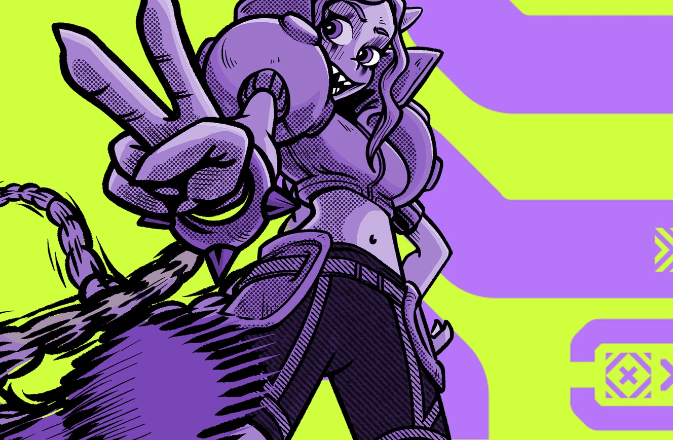 Nyara antagonist in full colour, tail coiled, over the acid green field