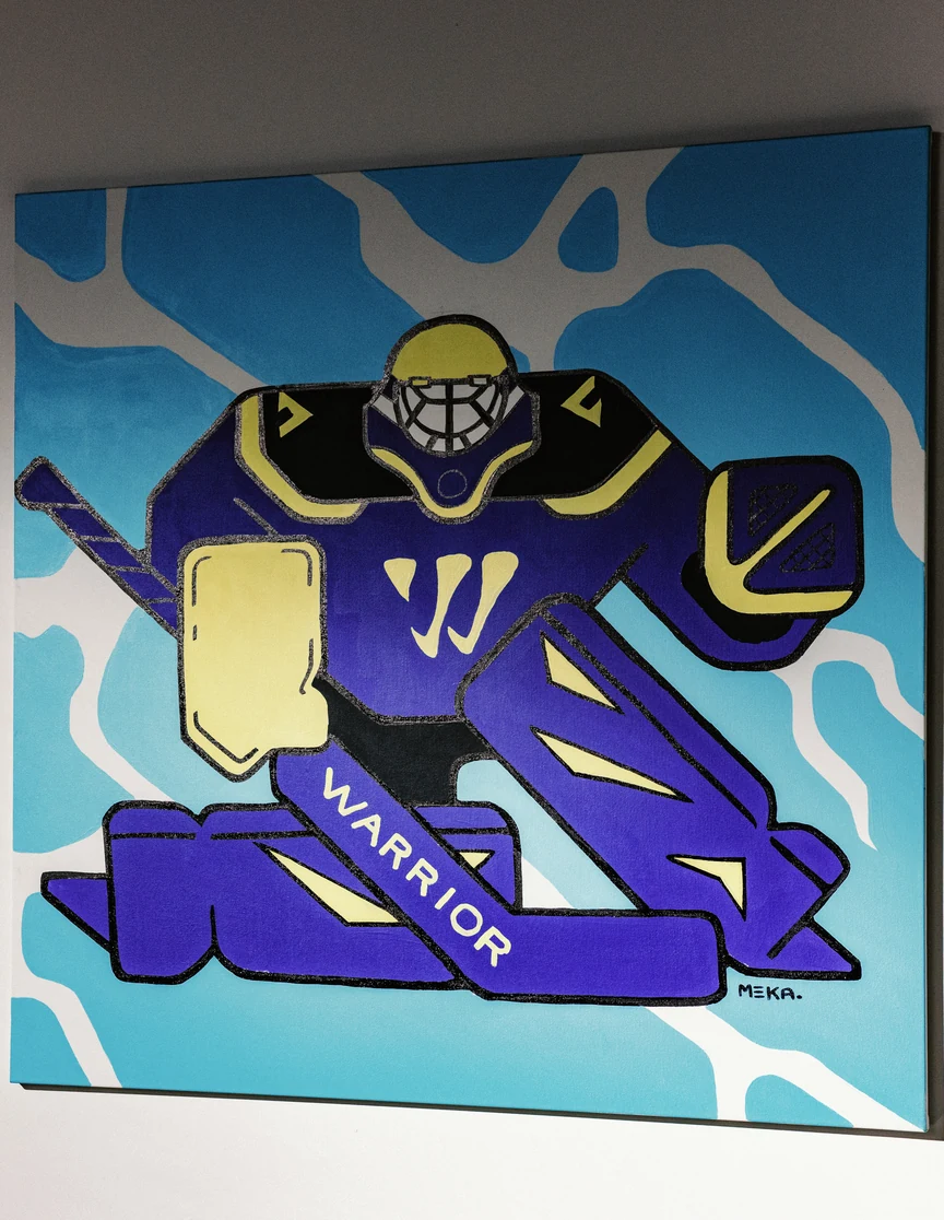 The finished canvas: purple and yellow goalie in the butterfly, Warrior mark on the chest and the pad